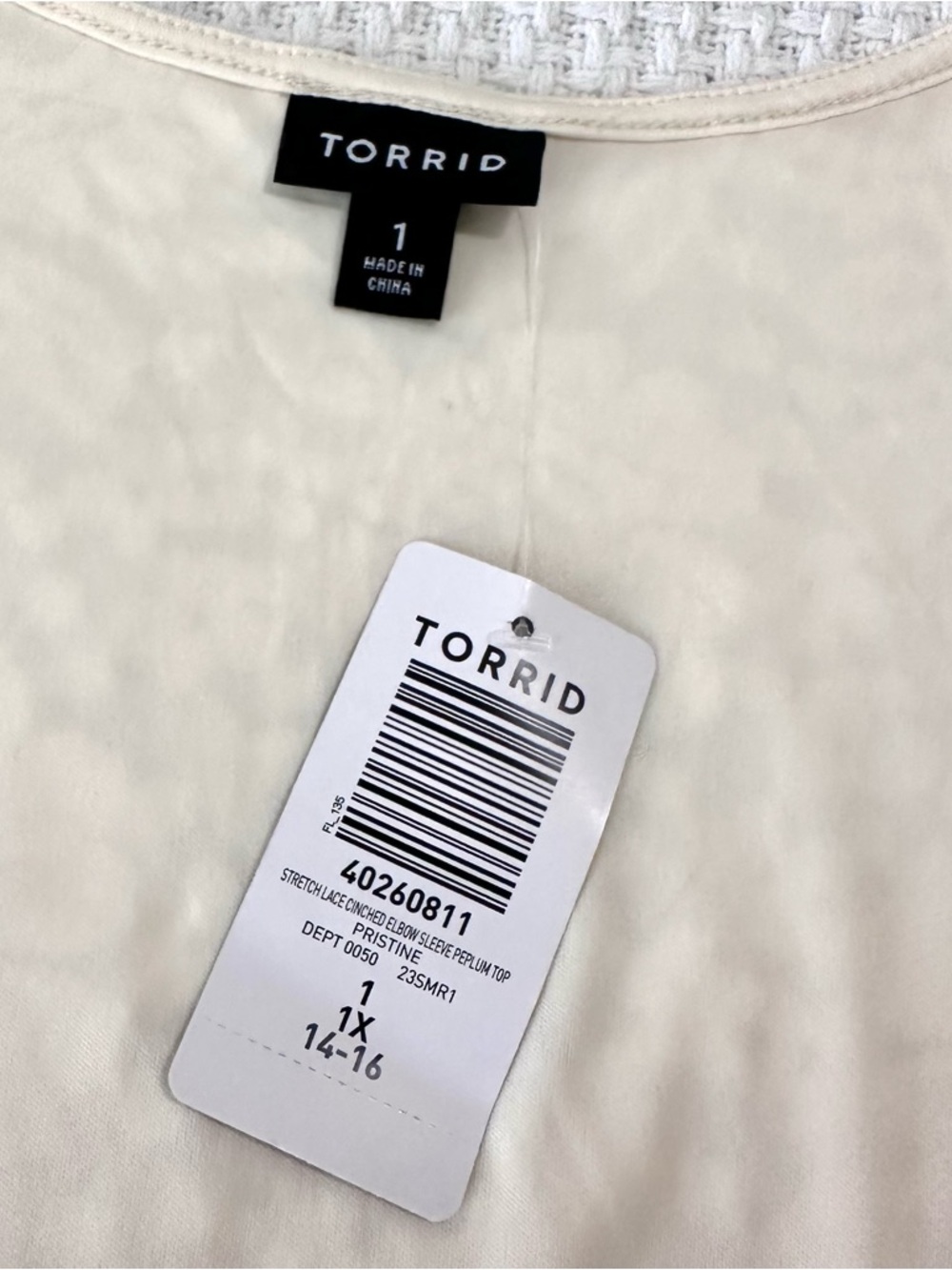 Torrid Ivory Stretch Lace Cinched Elbow Sleeve Peplum Top Womens 1X (14-16) NWT - Picture 5 of 7